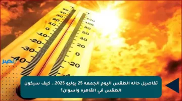 تفاصيل حالة الطقس اليوم الجمعة 25 يوليو 2025.. كيف سيكون الطقس في القاهرة وأسوان؟